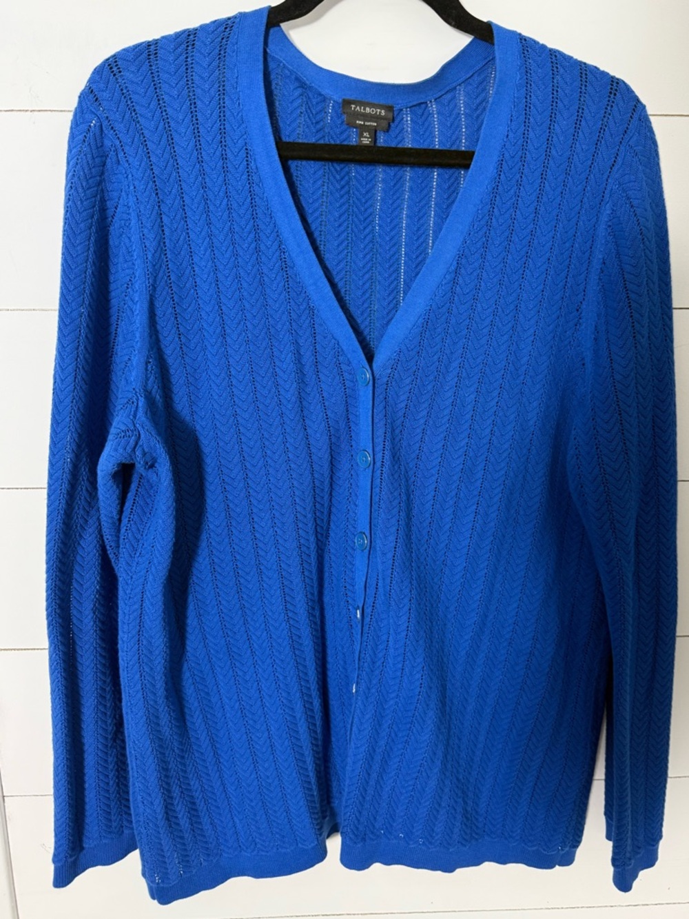 Talbots 100% Pima Cotton Cobalt Blue V-Neck Button Up Cardigan